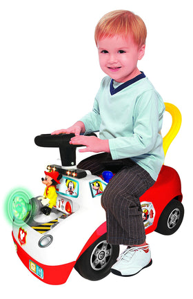 Kiddieland Disney Mickey Mouse Fire Truck Ride-On side view shows the wide, stable base.
