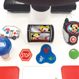 Kiddieland Disney Mickey Mouse Fire Truck Ride-On under-seat storage keeps small toys handy.