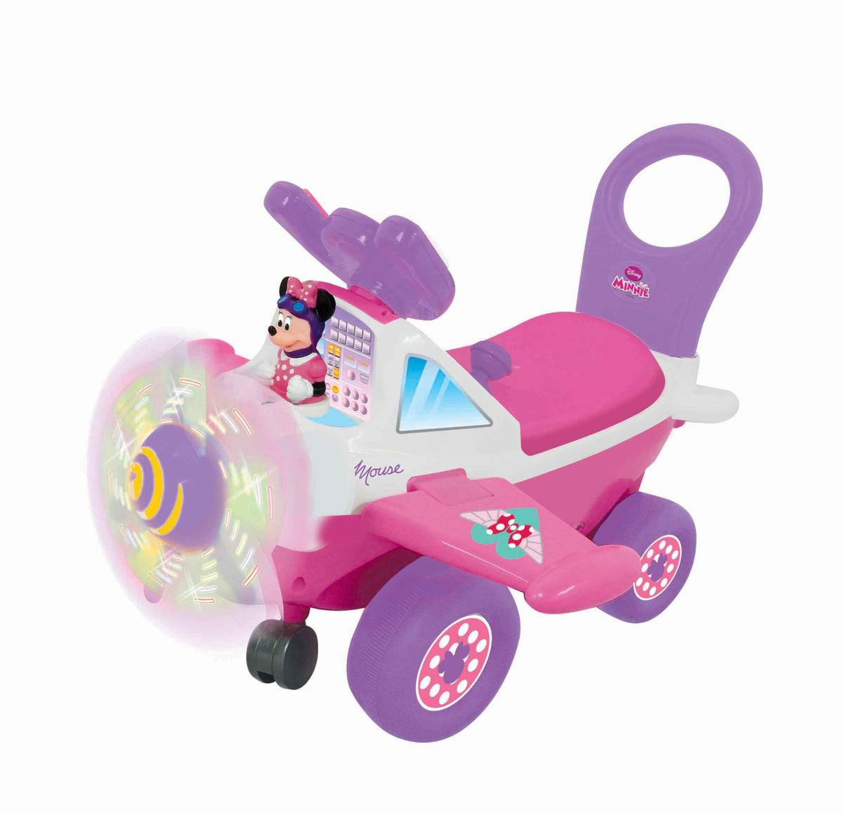 Kiddieland Minnie ride-on plane delivers lift-off and landing sounds for storytelling.