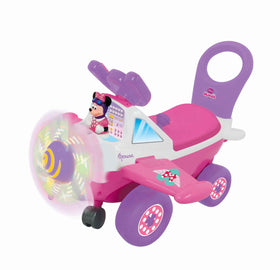 Kiddieland Minnie ride-on plane delivers lift-off and landing sounds for storytelling.