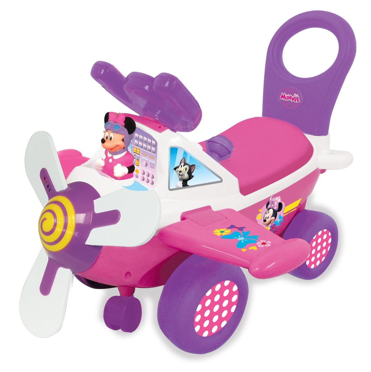 Kiddieland Minnie ride-on plane with music and lights enhances imaginative play.