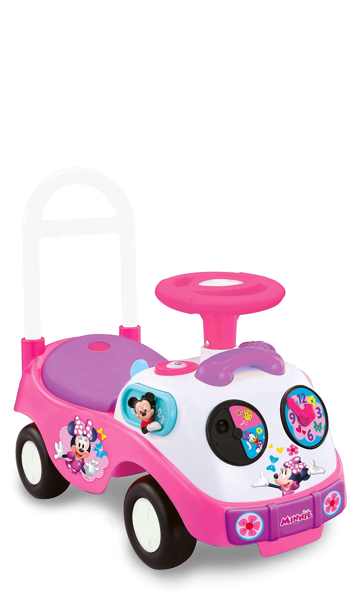 Minnie steering wheel ride-on focuses real-life steering practice for toddlers.