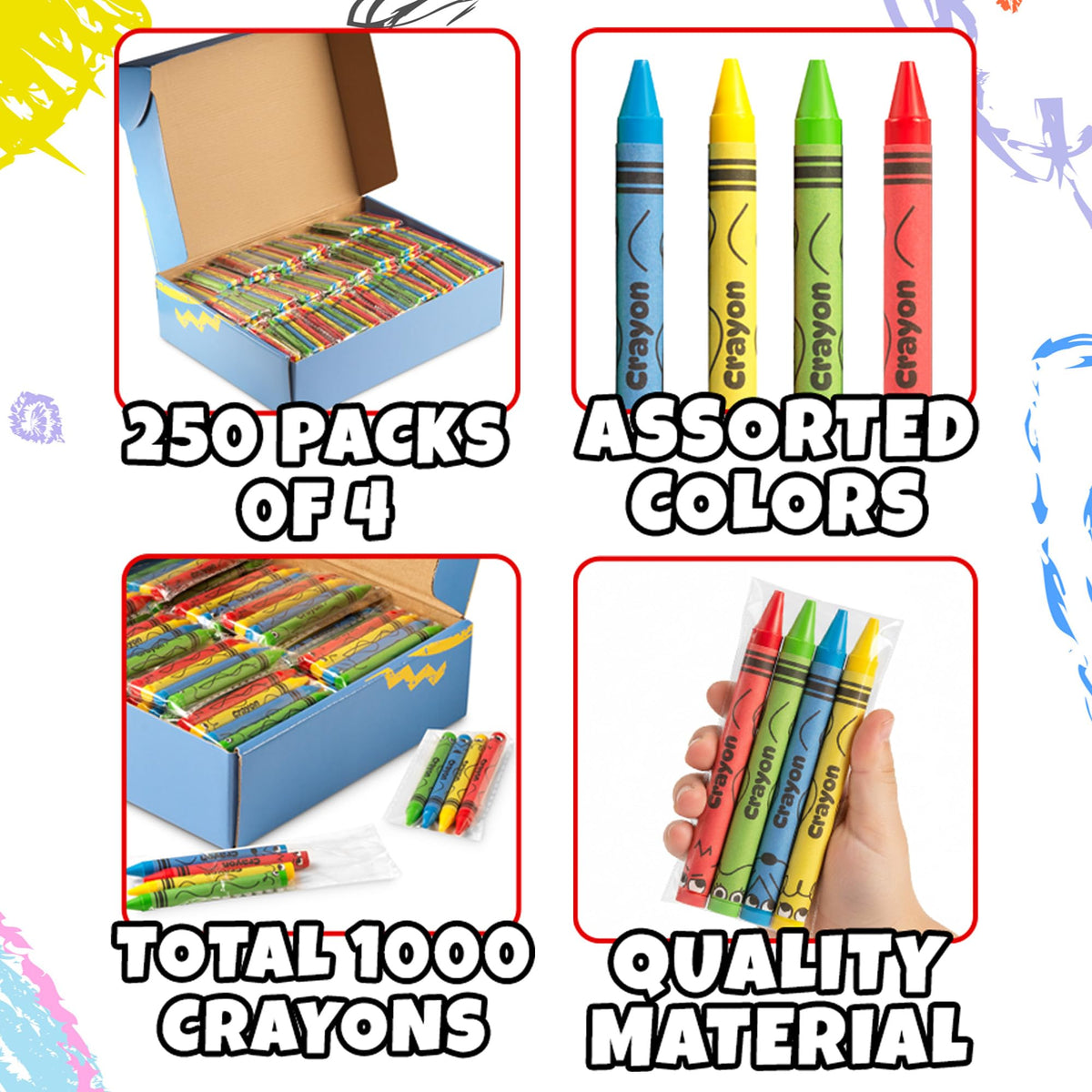 KiddieLoot pre-wrapped 4-pack crayons designed for quick classroom distribution