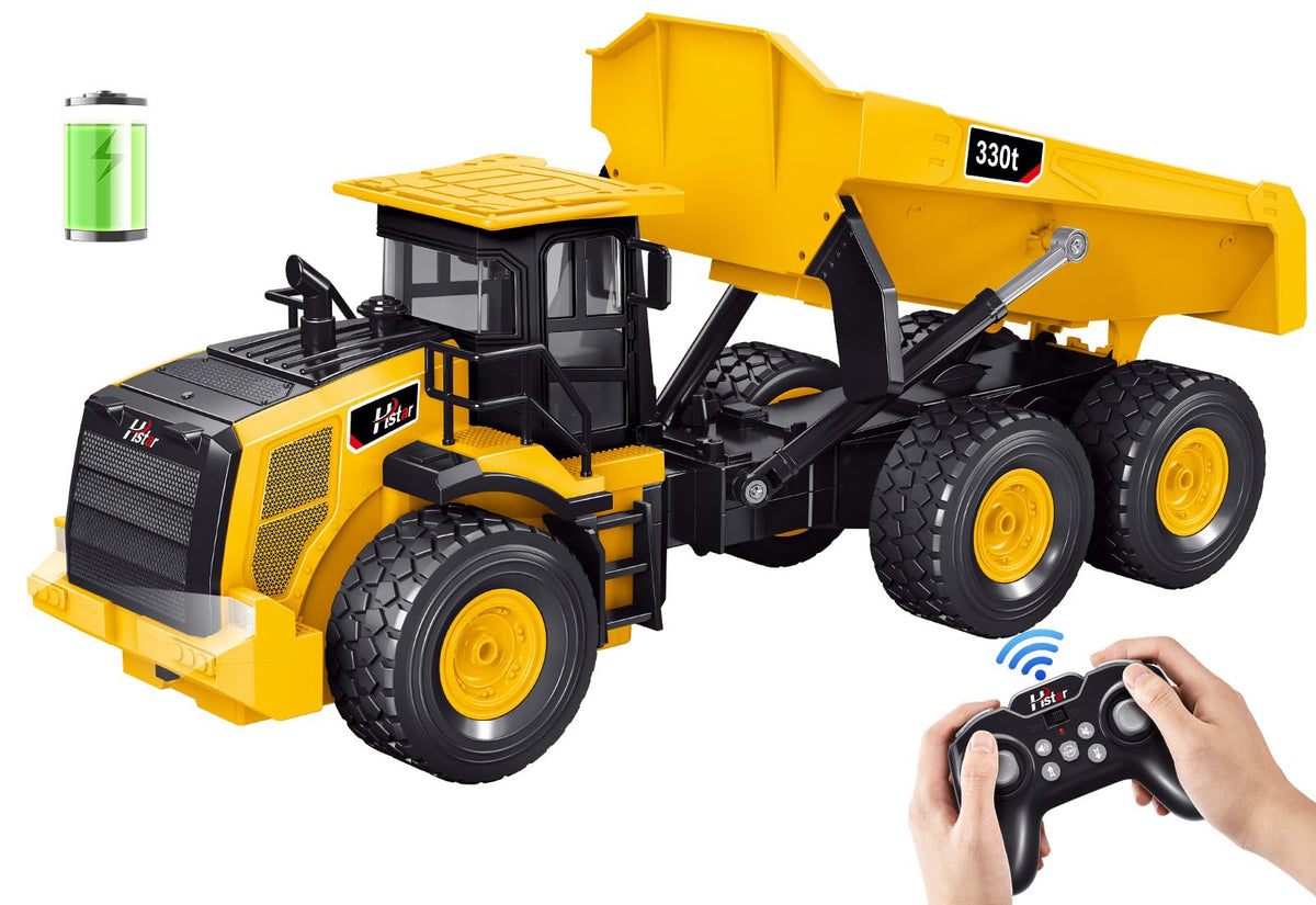 KIDDITOY Mighty 9-Channel RC Dump Truck front view with powerful lights for immersive play