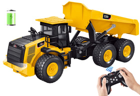 KIDDITOY Mighty 9-Channel RC Dump Truck front view with powerful lights for immersive play
