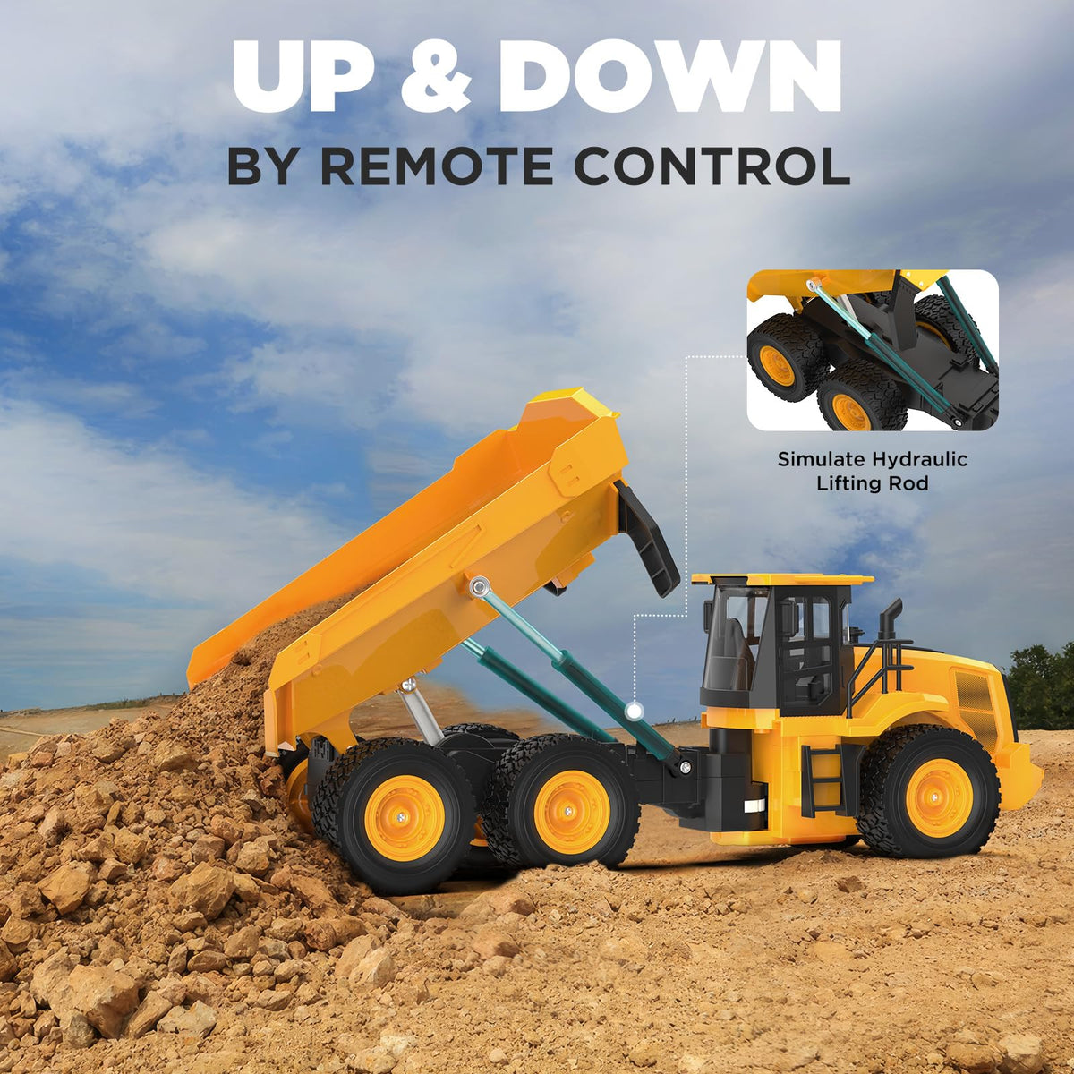 KIDDITOY Mighty 9-Channel RC Dump Truck side view shows rugged all-terrain tires