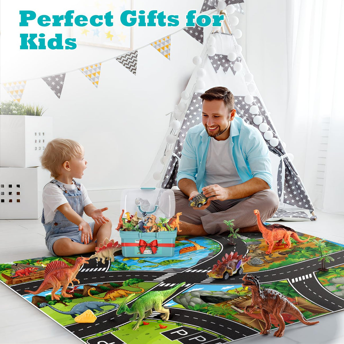 Kiddiworld dinosaur accessories like trees and stones enhance imaginative setups.