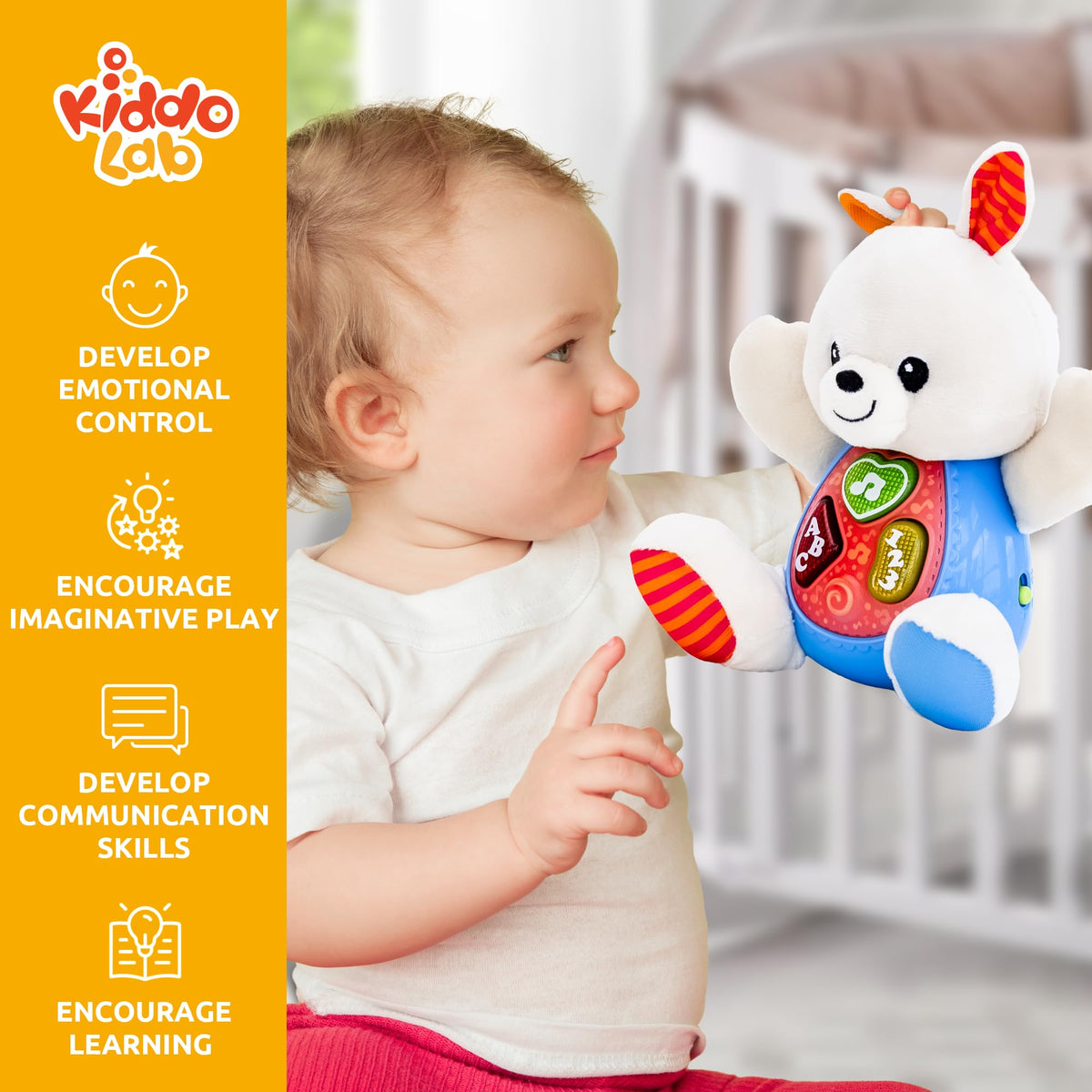 KiddoLab Easter Bunny Plush singing nursery rhymes to engage infants.