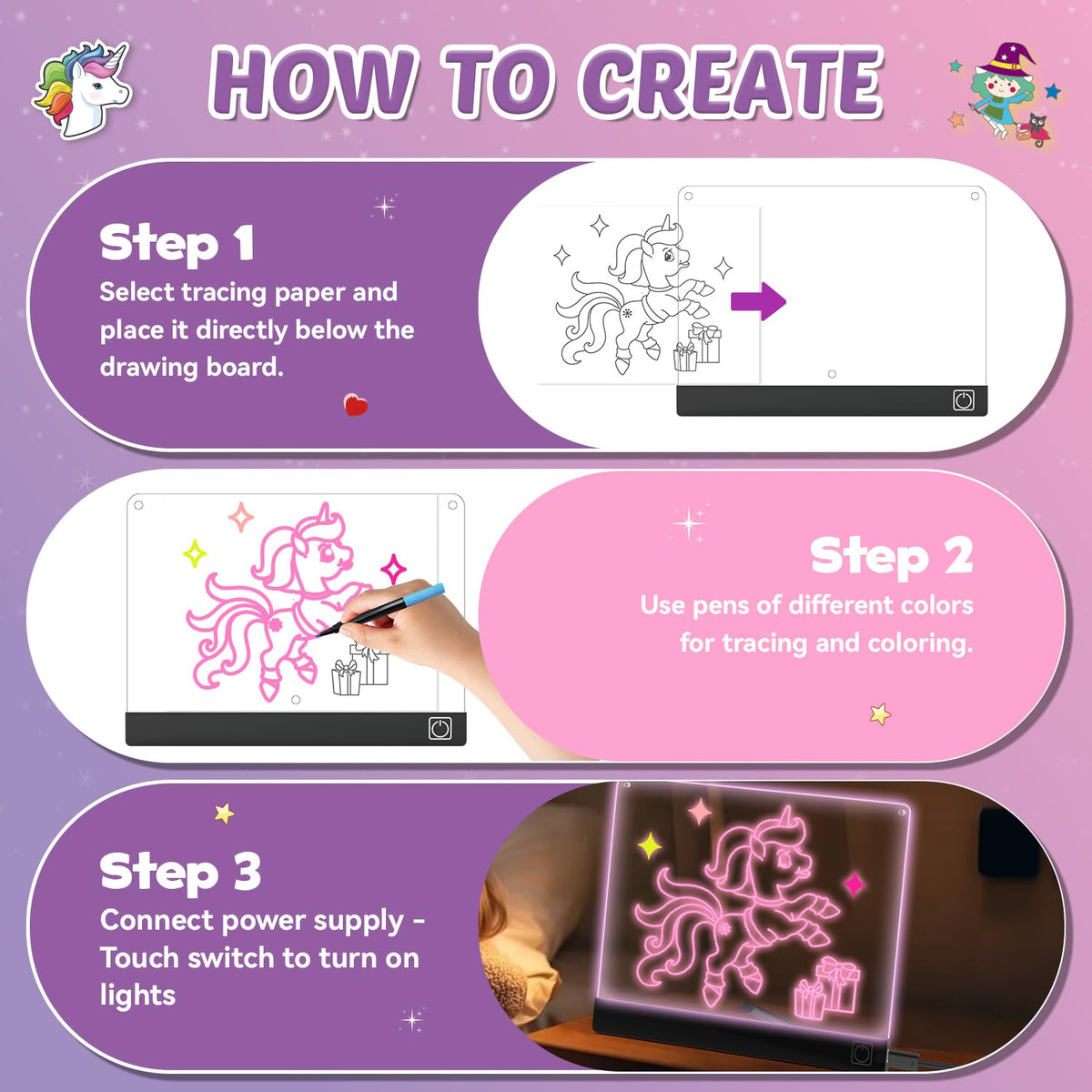 KiddyFunpals LED drawing board includes seven pens for varied lines