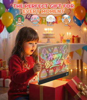 KiddyFunpals LED drawing board glowing colors lighting up a nighttime drawing session