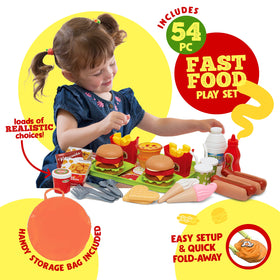 Kiddzery 54-piece food set pieces showcased for tactile cooking play.