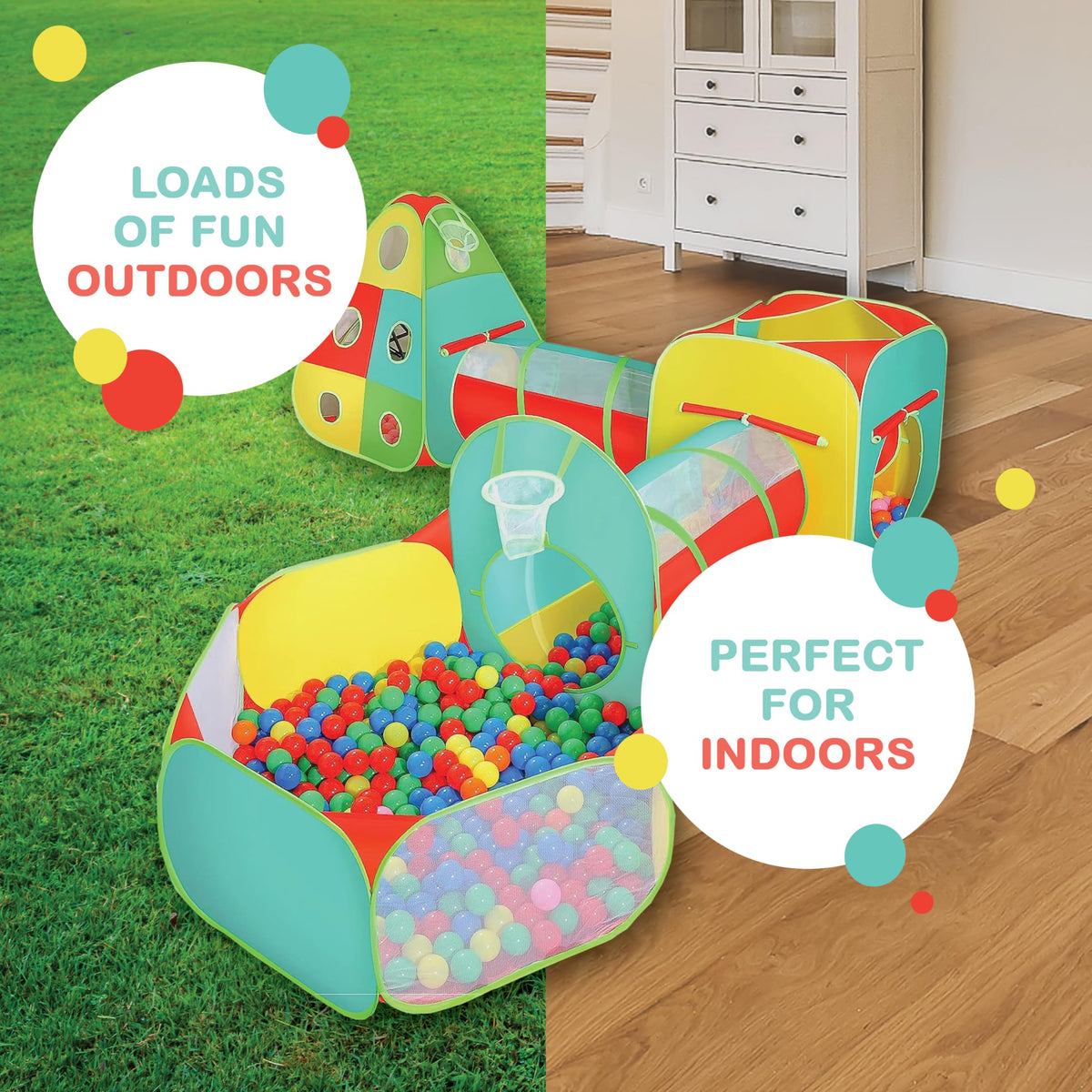 Kiddzery ball pool with basketball hoop invites active play and hand eye coordination.