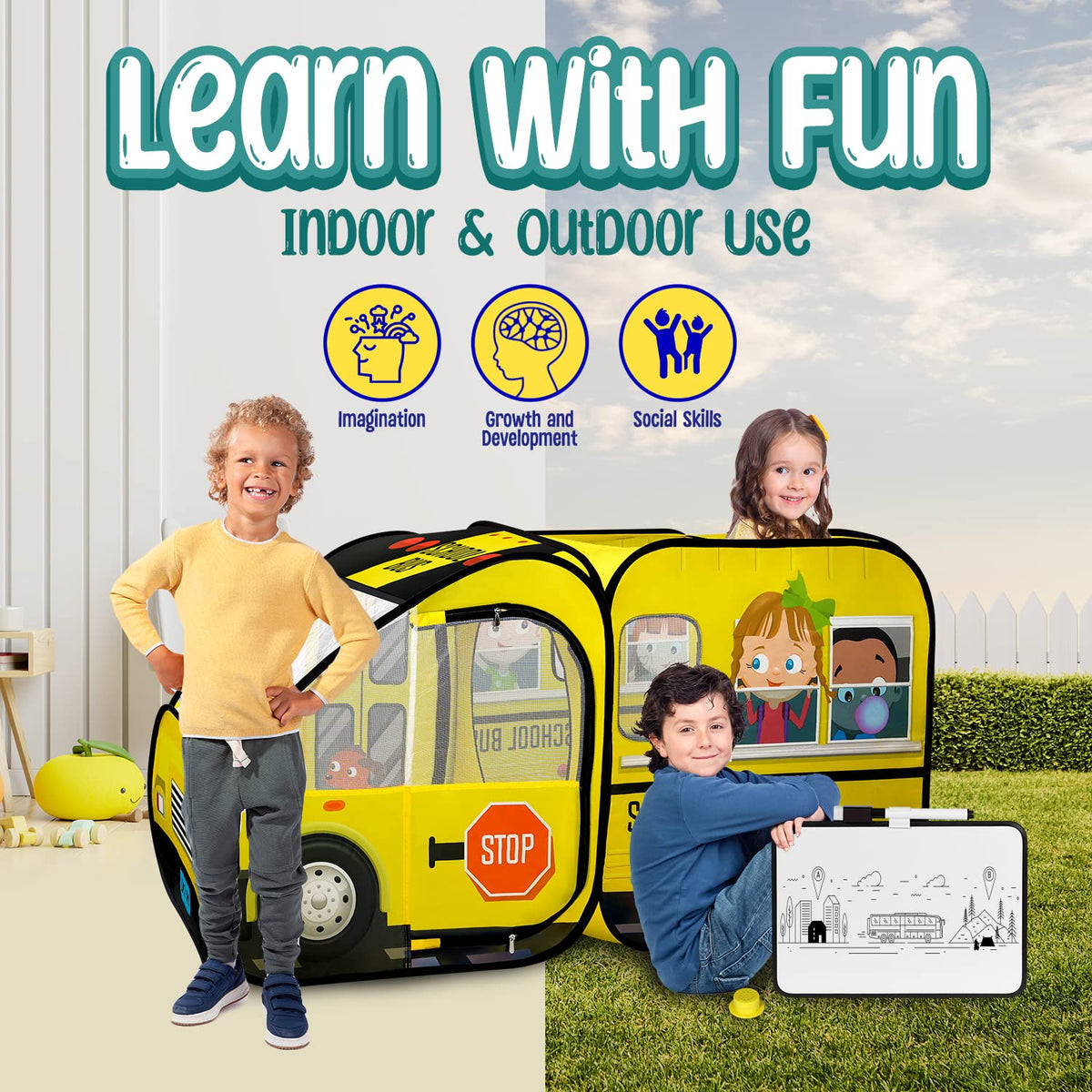 Kiddzery gift-ready bus tent for toddlers and kids.