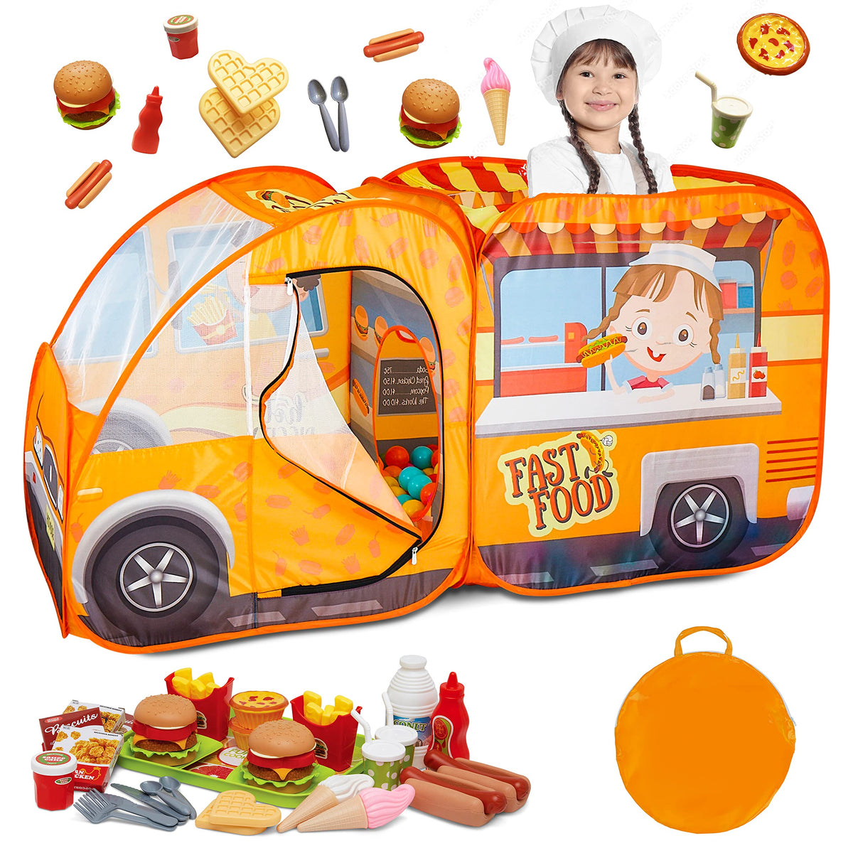Kiddzery Food Truck Play Tent front view for imaginative pretend play.
