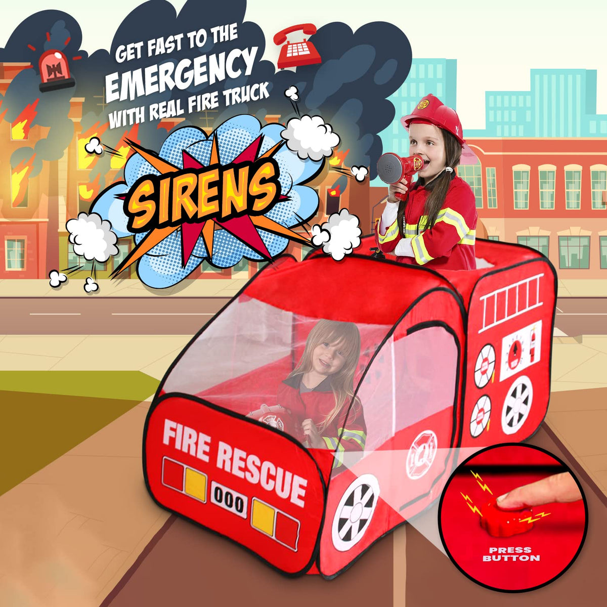 Kiddzery Kiddey Fire Truck Tent firefighter costume enhances role-play