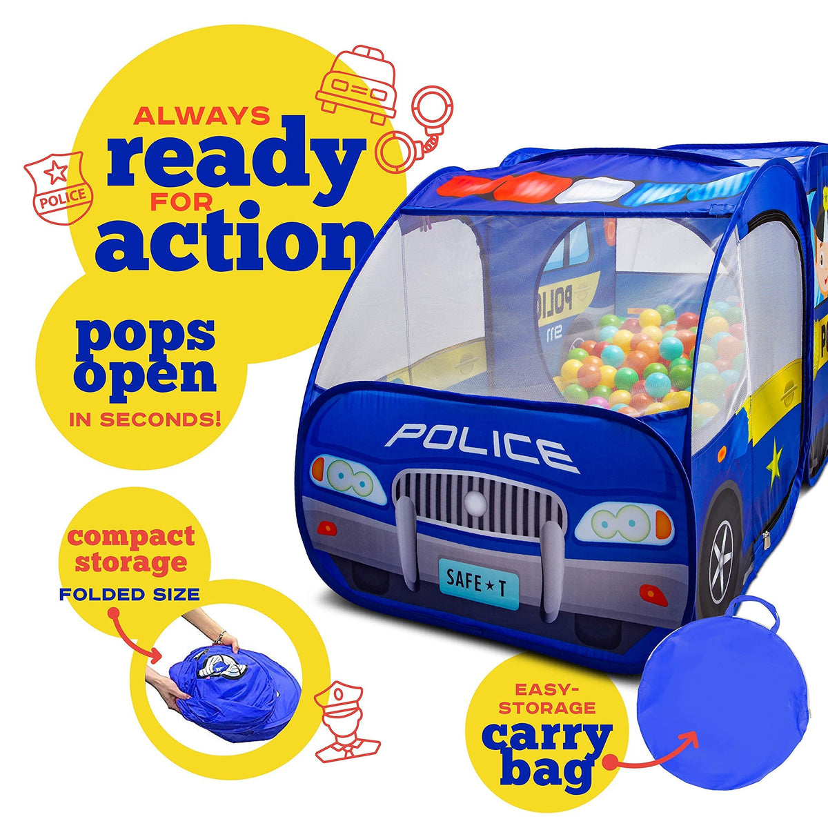 Kiddzery Police Car Pop Up Tent folds compact for easy travel