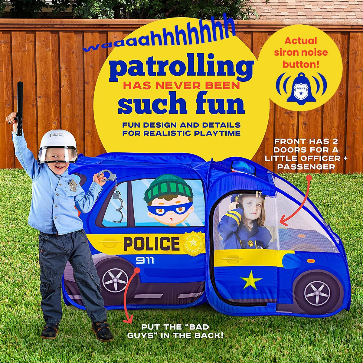 Kiddzery Police Car Pop Up Tent open setup enables fast, kid-friendly assembly