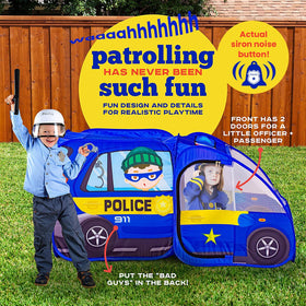 Kiddzery Police Car Pop Up Tent open setup enables fast, kid-friendly assembly