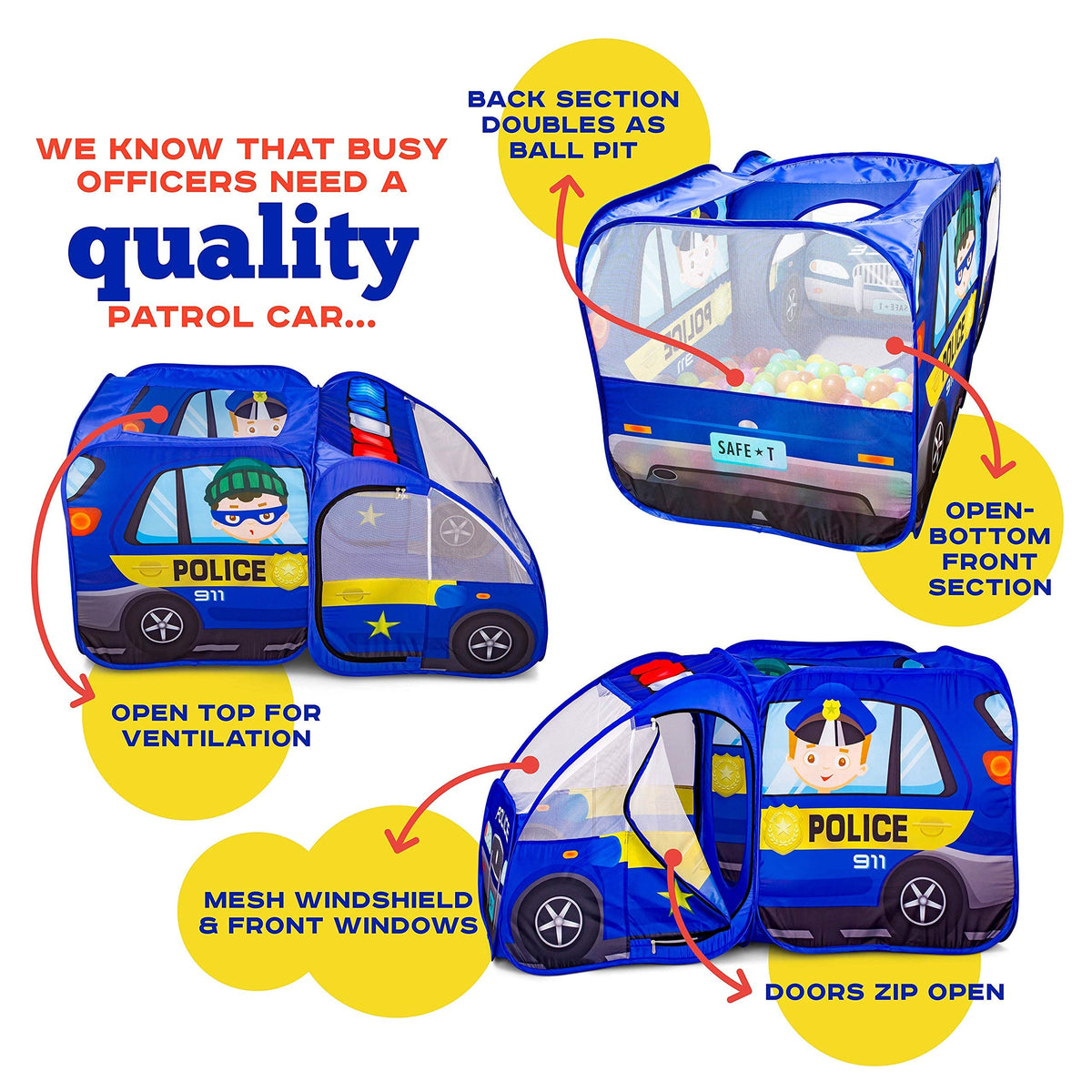 Kiddzery Police Car Pop Up Tent park-ready for outdoor use