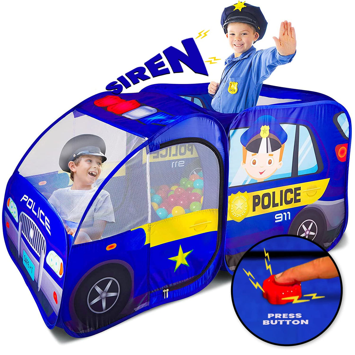 Kiddzery Police Car Pop Up Tent with Siren Button sparks interactive pretend play