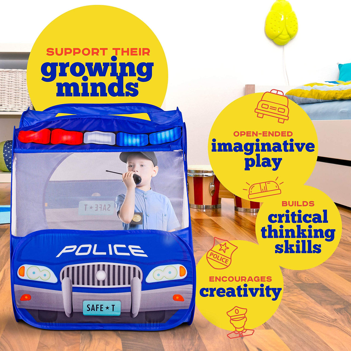 Kiddzery Police Car Pop Up Tent spacious interior for multiple kids