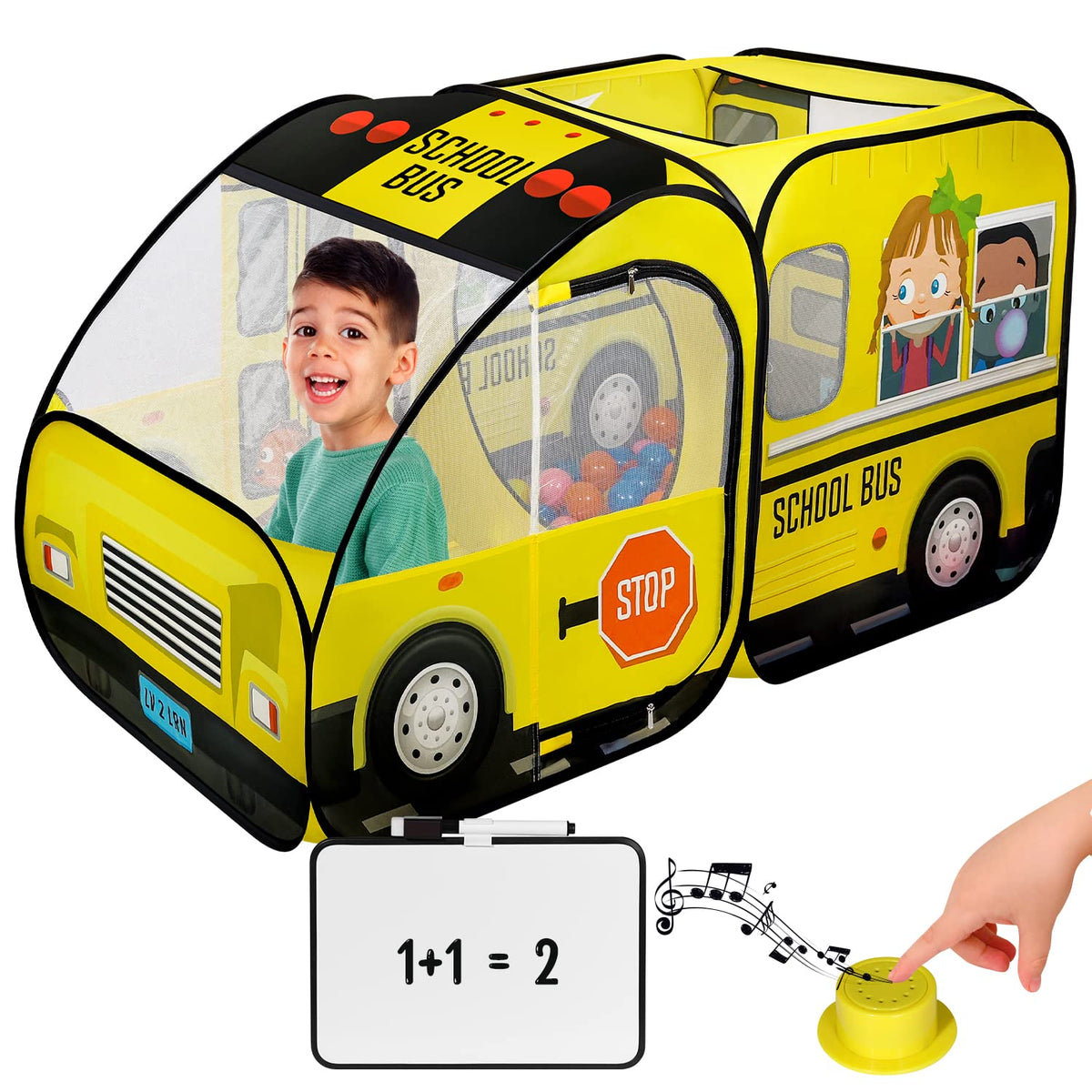 Kiddzery school bus tent with sound button invites imaginative play.