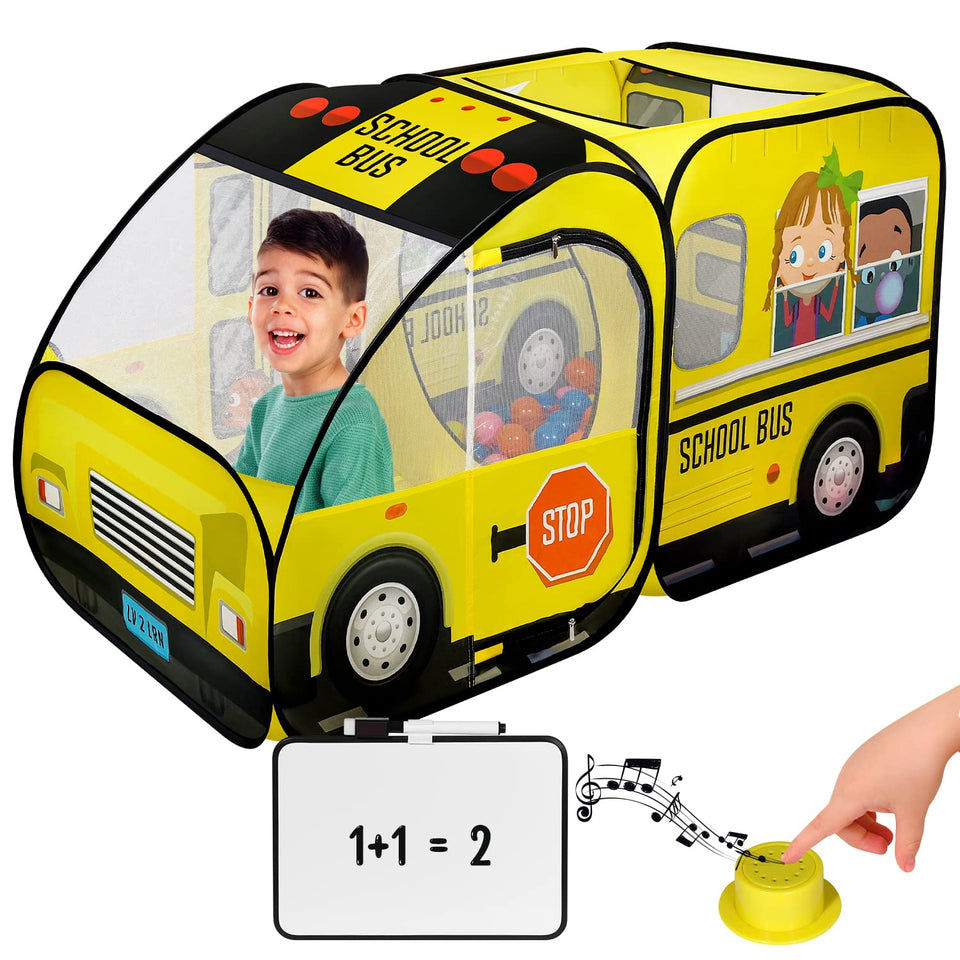 Kiddzery school bus tent with sound button invites imaginative play.