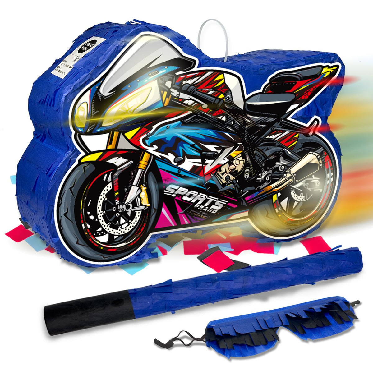KiDEPOCH motorcycle pinata full view for vibrant car-themed party decor.