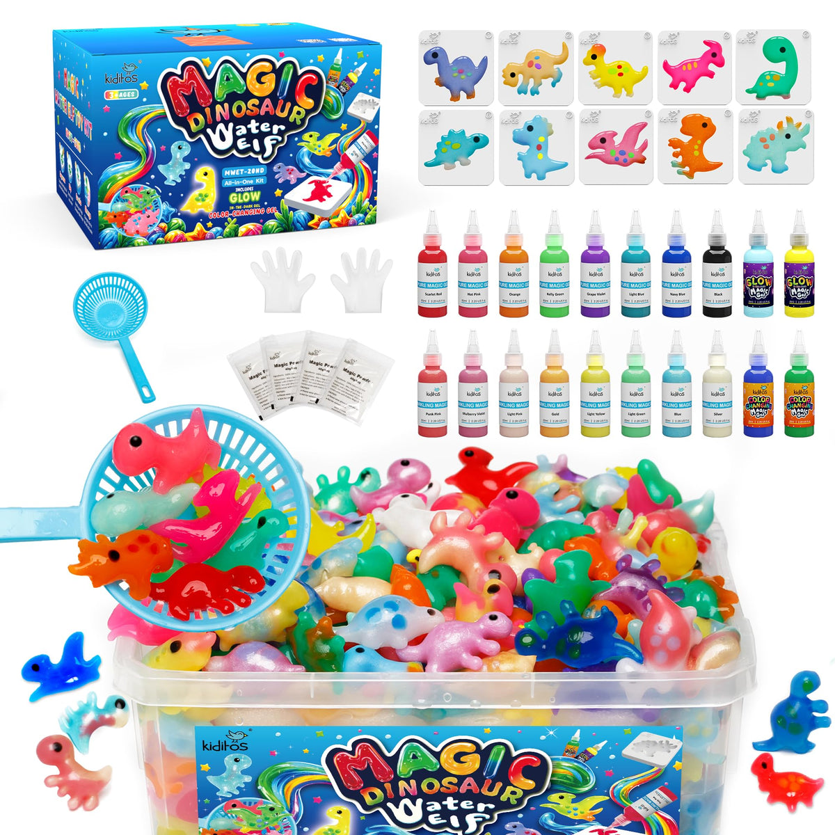 Kiditos Dinosaur Magic Water Elf Kit packaging showcases vibrant gels for creative play.