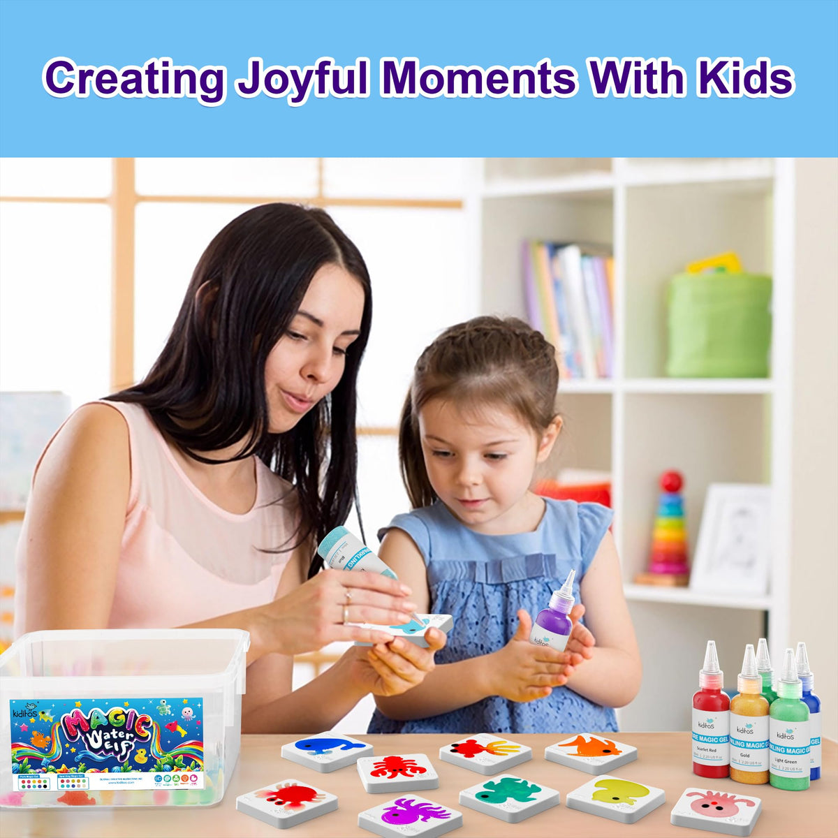 Bright colors in the Kiditos kit support color learning during playtime.