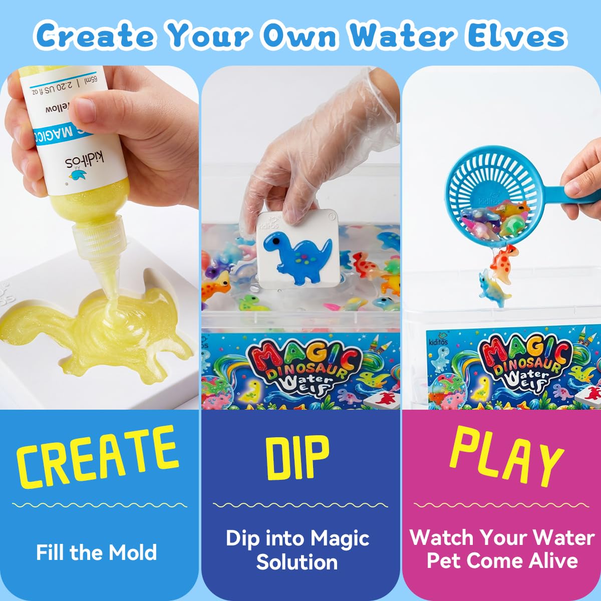 Kiditos non-toxic gels colorfully shimmer for safe water play.
