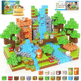 Kidiyee forest-set magnetic blocks shown in a colorful forest scene for imaginative play and early STEM skills.