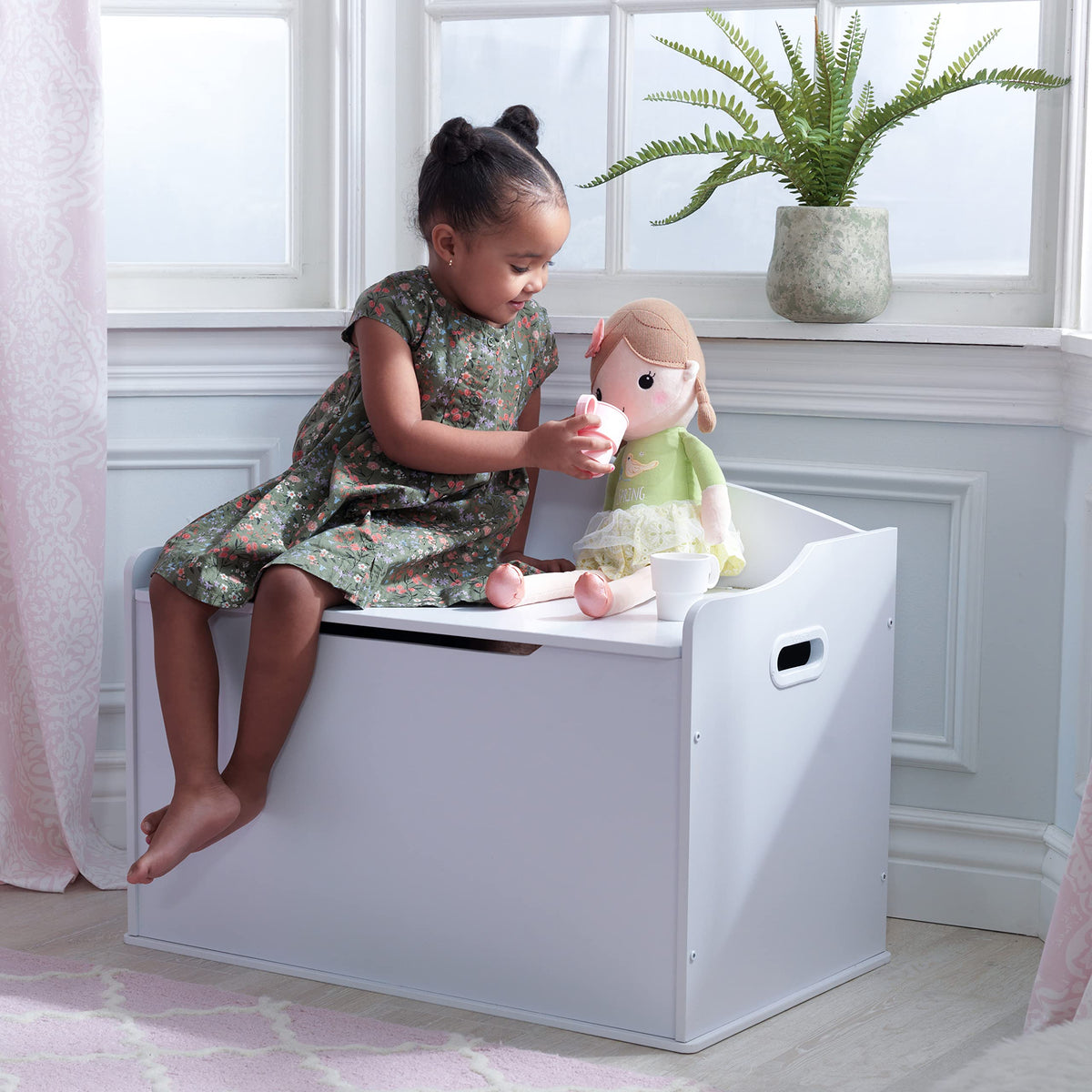 KidKraft Austin toy box bench with lid open, safety hinge, kid-friendly access to toys.