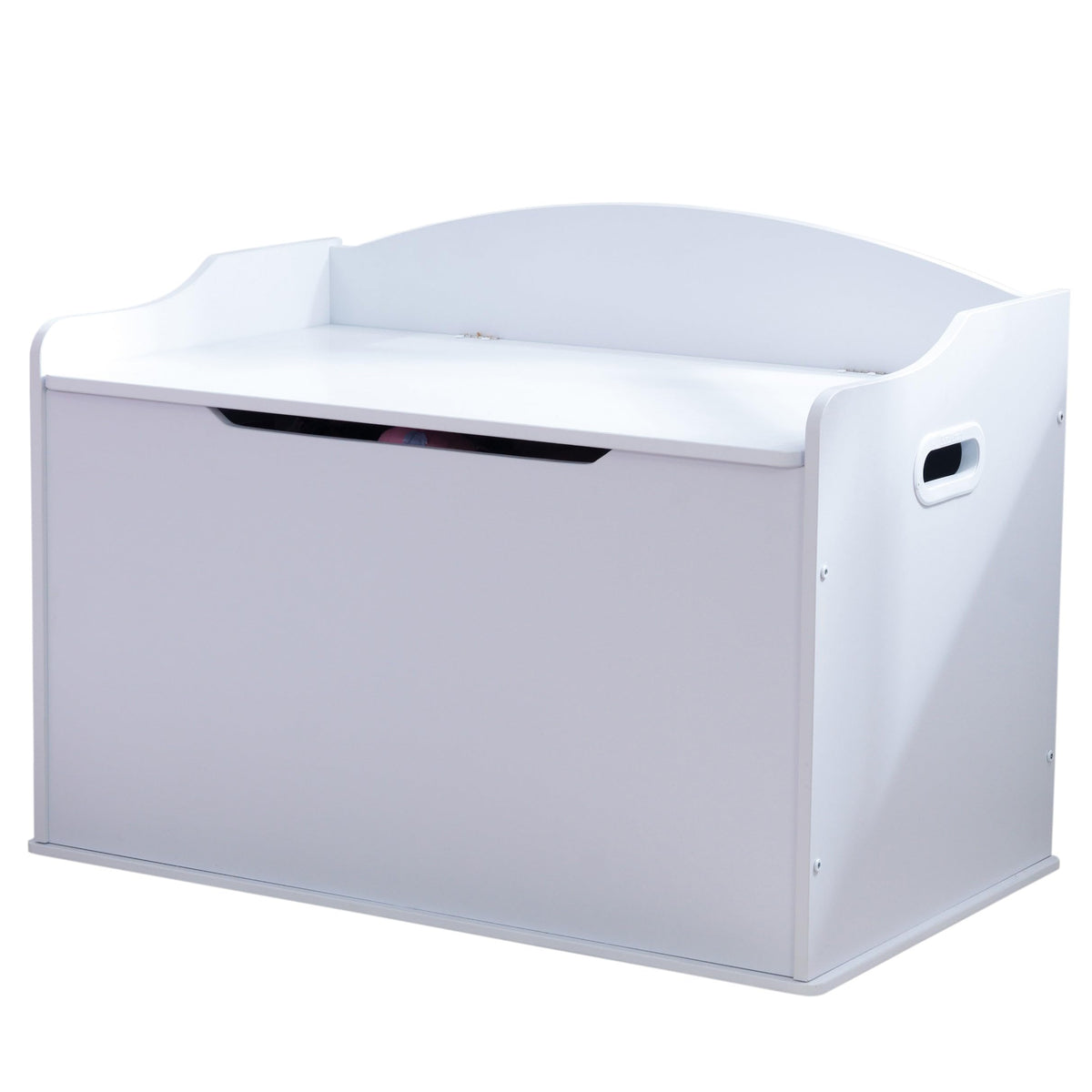 KidKraft Austin toy box bench in white, front view, stylish storage for toys and books.