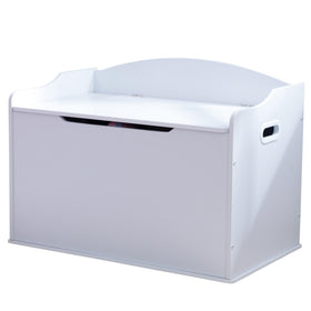 KidKraft Austin toy box bench in white, front view, stylish storage for toys and books.