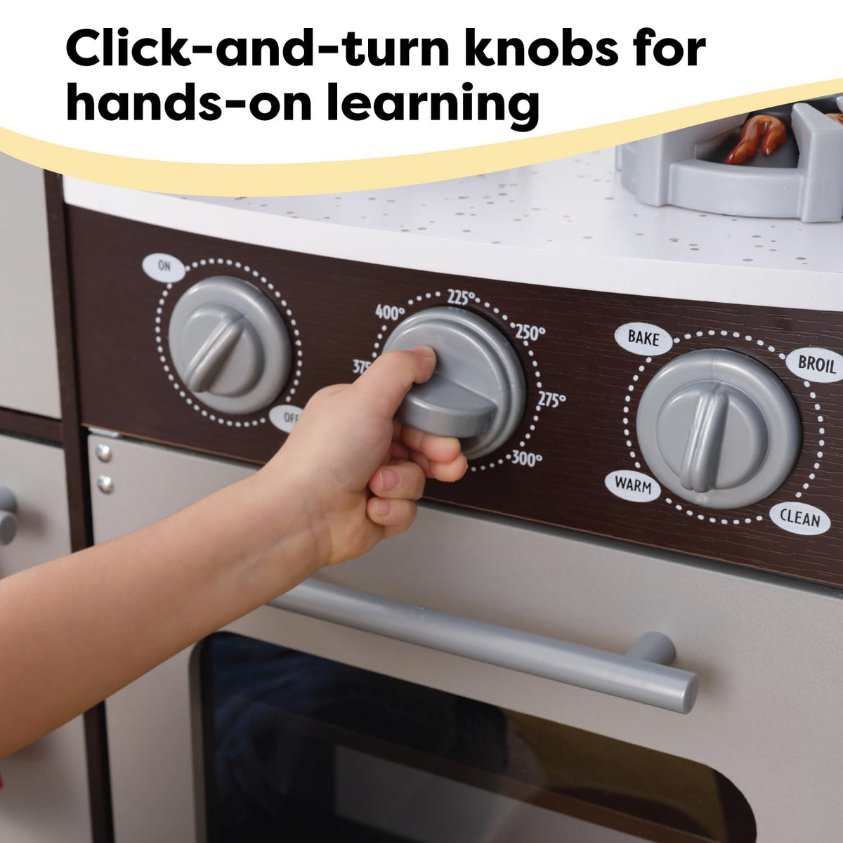 Built-in washer door detail encourages pretend laundry and organization.
