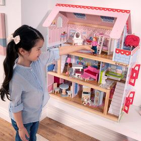 KidKraft Chelsea Doll Cottage open front door showing accessible interior for storytelling