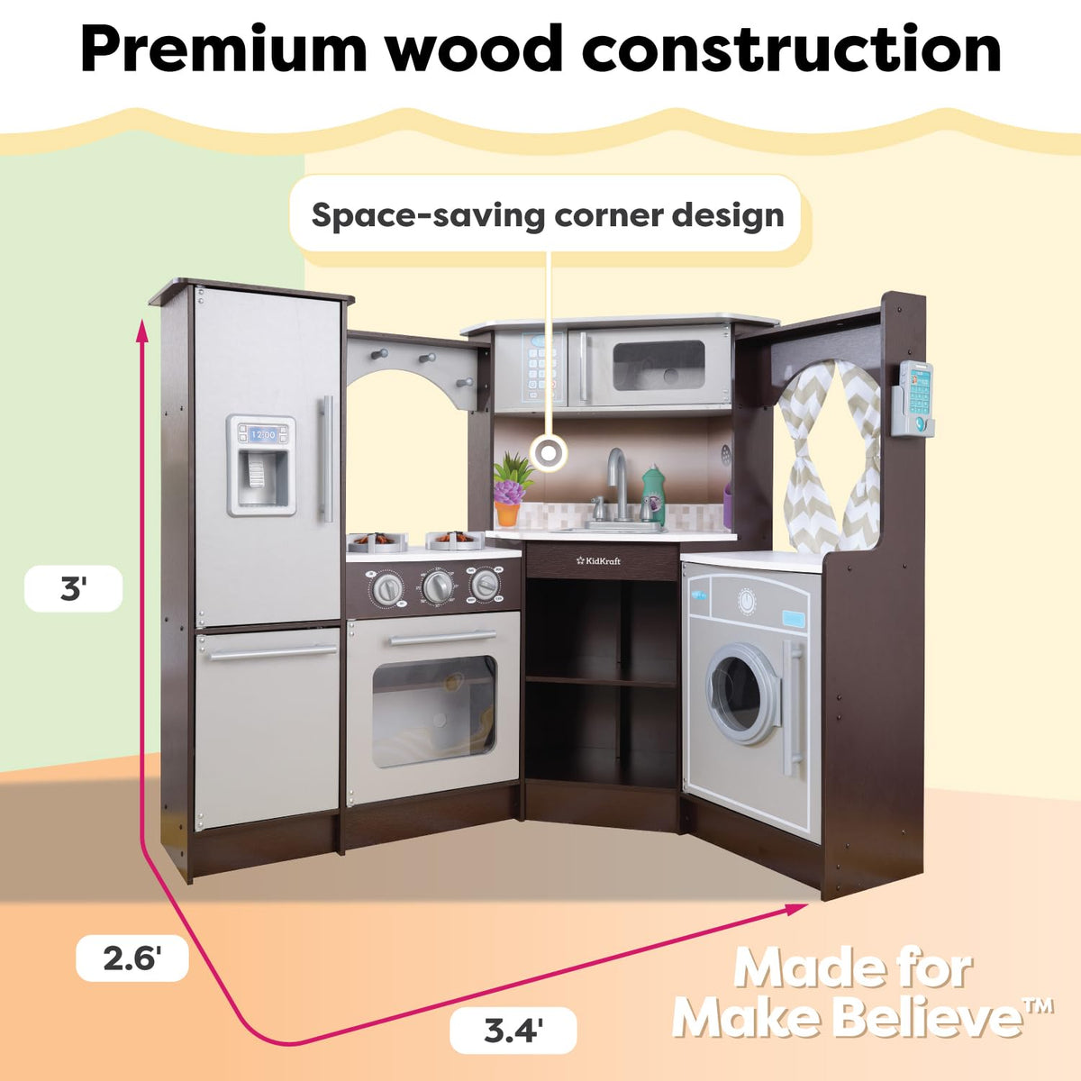 Espresso KidKraft kitchen with curtains highlights cozy pretend play area.