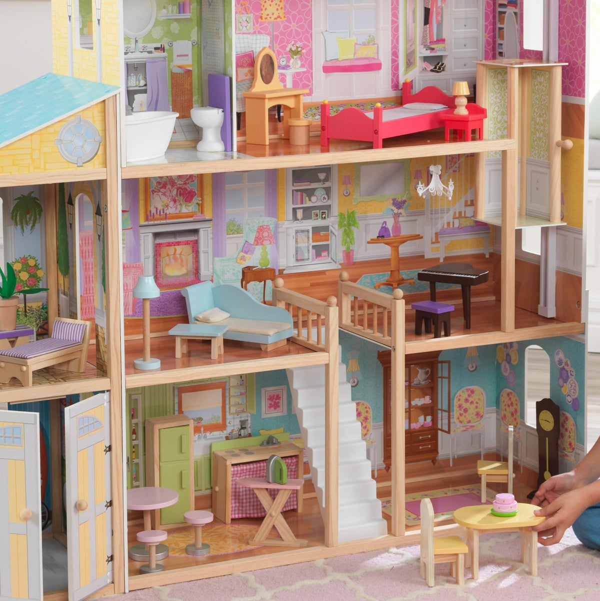 KidKraft Majestic Mansion 34-piece accessories including piano, clock, and ironing board for decorate-and-play