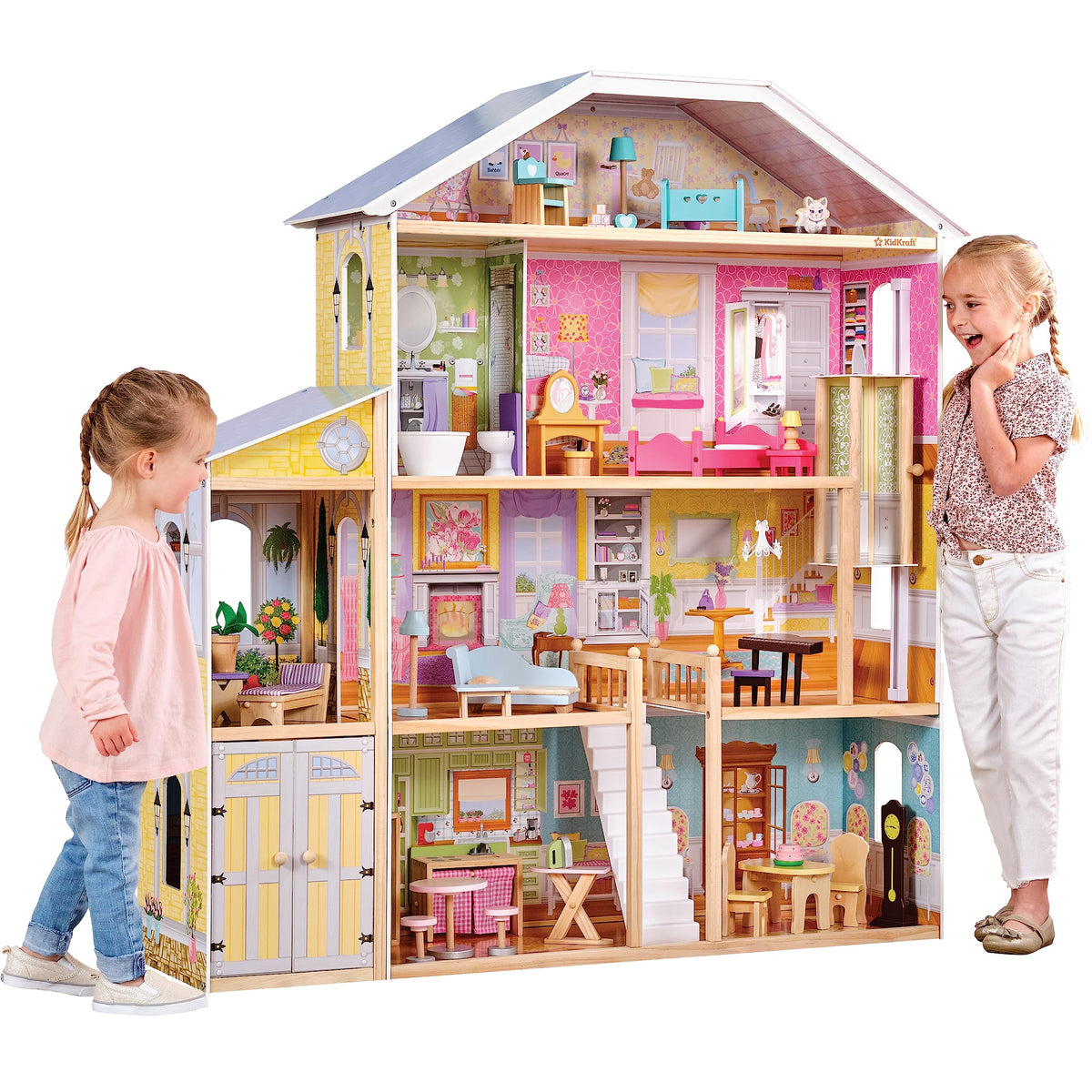 KidKraft Majestic Mansion exterior front view showing tall wooden dollhouse for imaginative play