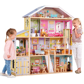 KidKraft Majestic Mansion exterior front view showing tall wooden dollhouse for imaginative play