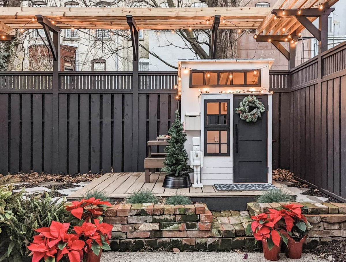 KidKraft white curtains add cozy home-like touch to outdoor play.