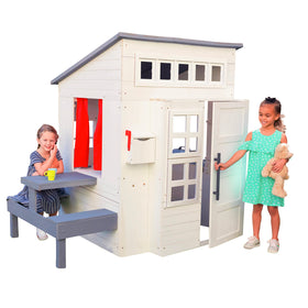 KidKraft Modern Outdoor Playhouse white front view shows weather-ready design.