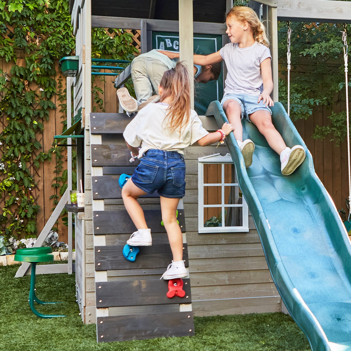 KidKraft River Canyon Swing Set vinyl chalkwall for creative art sessions