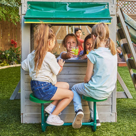 KidKraft River Canyon Swing Set monkey-bar leading to upstairs adventure