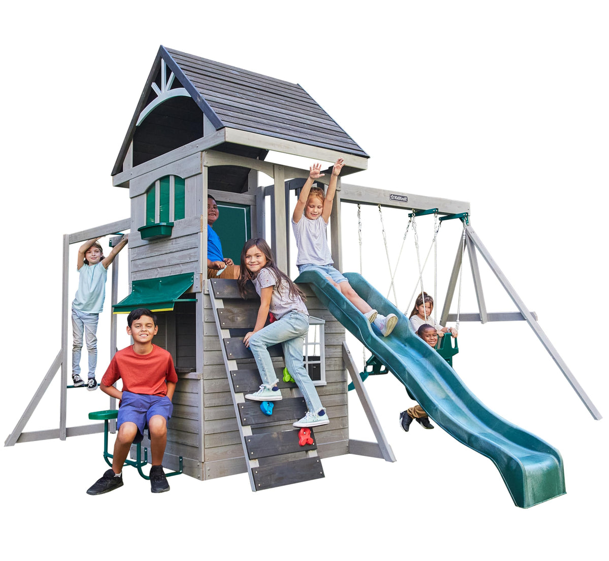 KidKraft River Canyon Swing Set swing area with two belt swings for active backyard play