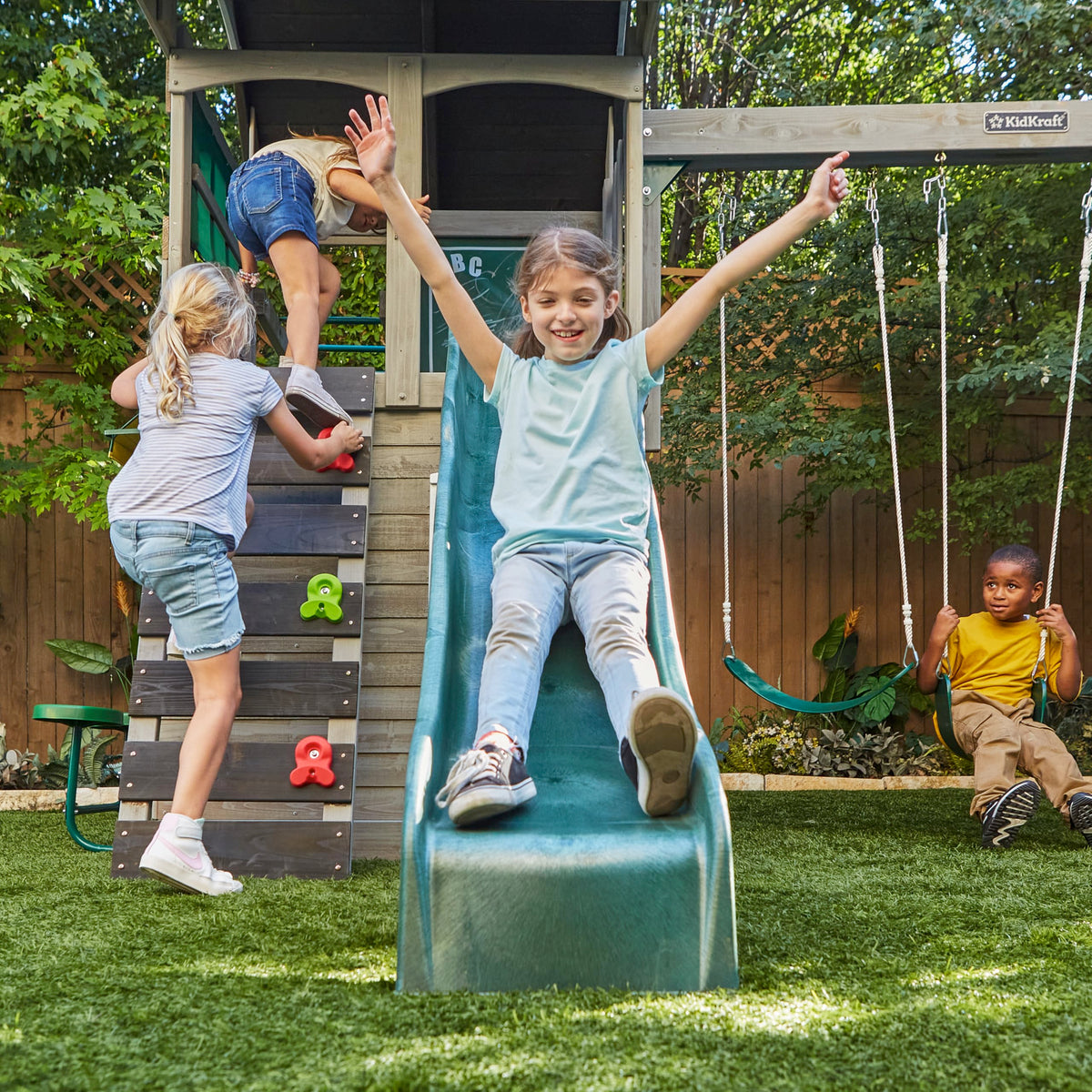 KidKraft River Canyon Swing Set upstairs playhouse for imaginative hideaway