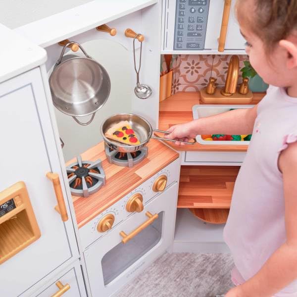 KidKraft Ultimate Corner Play Kitchen fabric curtains add homey detail