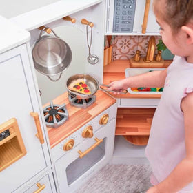 KidKraft Ultimate Corner Play Kitchen fabric curtains add homey detail