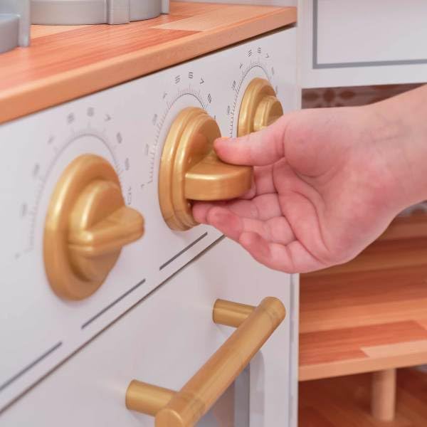 KidKraft Ultimate Corner Play Kitchen doors open for easy access to pretend meals